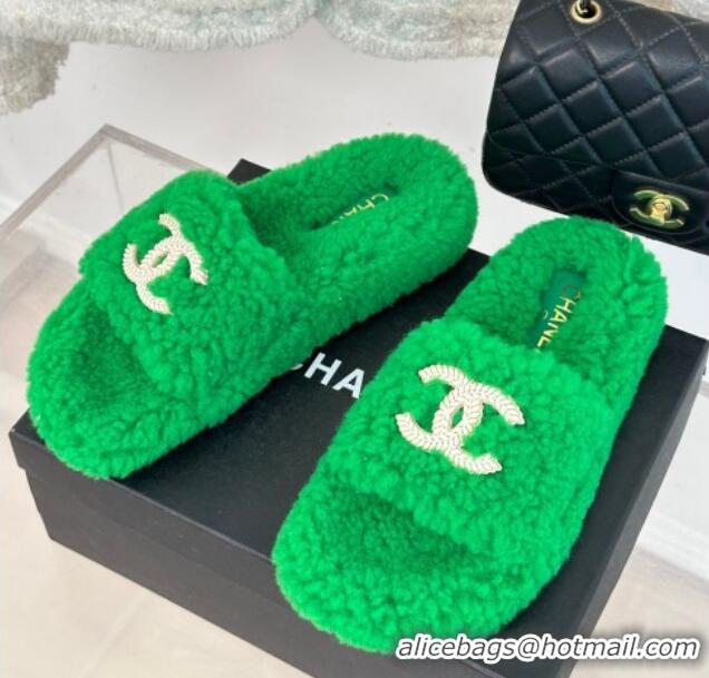 Super Quality Chanel CC Wool Flat Slide Sandals Green 801055