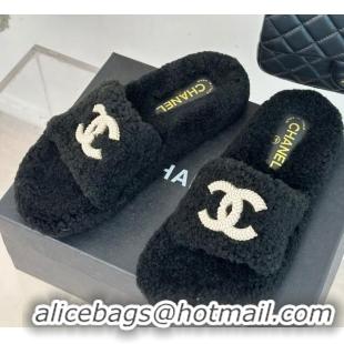 Stylish Chanel CC Wool Flat Slide Sandals Black 801056