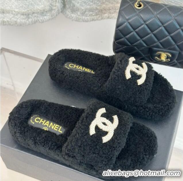 Stylish Chanel CC Wool Flat Slide Sandals Black 801056