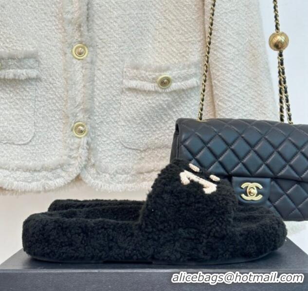 Stylish Chanel CC Wool Flat Slide Sandals Black 801056