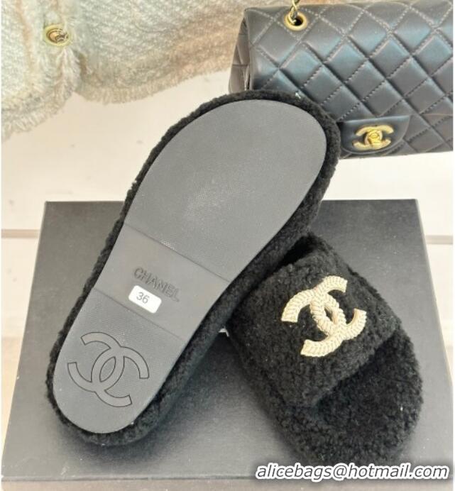 Stylish Chanel CC Wool Flat Slide Sandals Black 801056