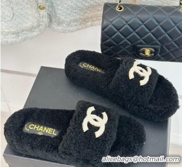 Stylish Chanel CC Wool Flat Slide Sandals Black 801056