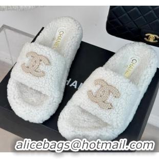 Duplicate Chanel CC Wool Flat Slide Sandals White 801057