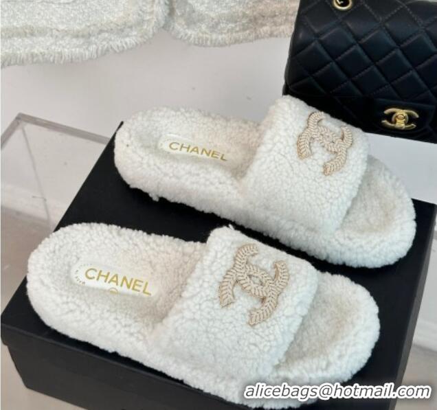 Duplicate Chanel CC Wool Flat Slide Sandals White 801057