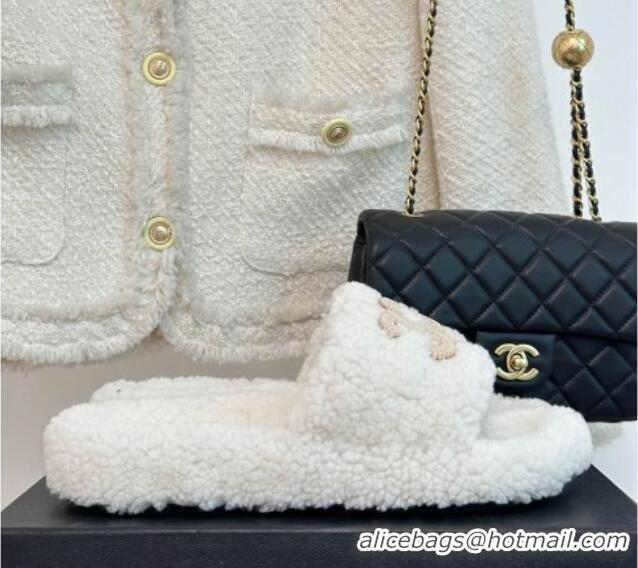 Duplicate Chanel CC Wool Flat Slide Sandals White 801057