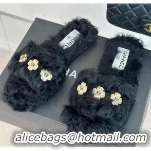 Best Price Chanel Wool Flat Slide Sandals with Pearls Bloom Black 801058