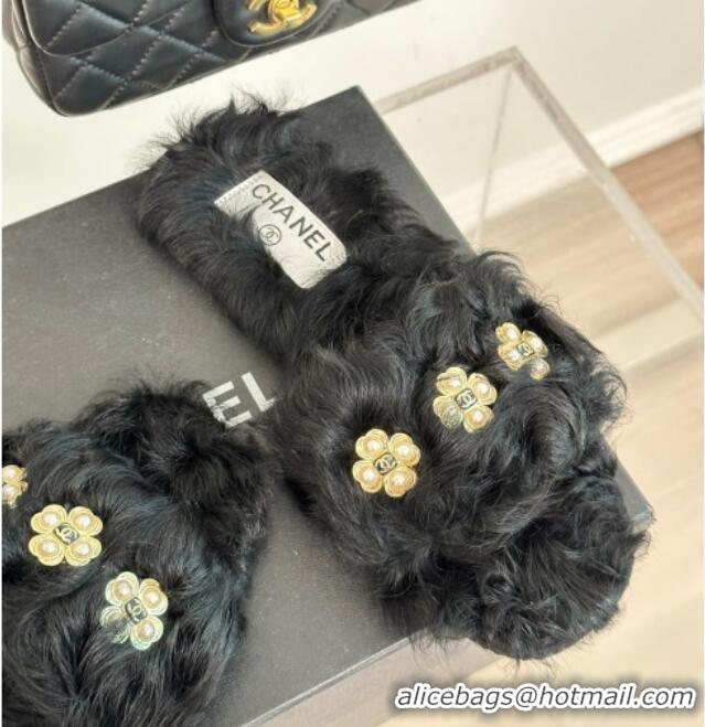 Best Price Chanel Wool Flat Slide Sandals with Pearls Bloom Black 801058