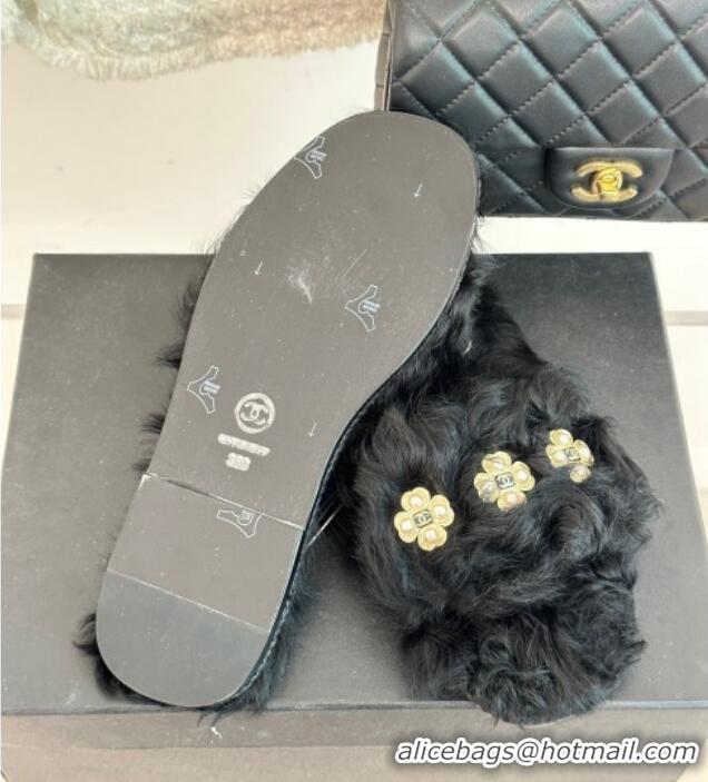 Best Price Chanel Wool Flat Slide Sandals with Pearls Bloom Black 801058