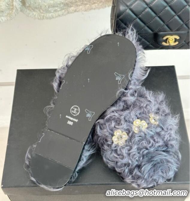 Top Quality Chanel Wool Flat Slide Sandals with Pearls Bloom Grey 801059