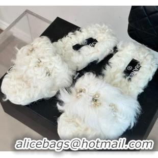 Sumptuous Chanel Wool Flat Slide Sandals with Pearls Bloom White 801060