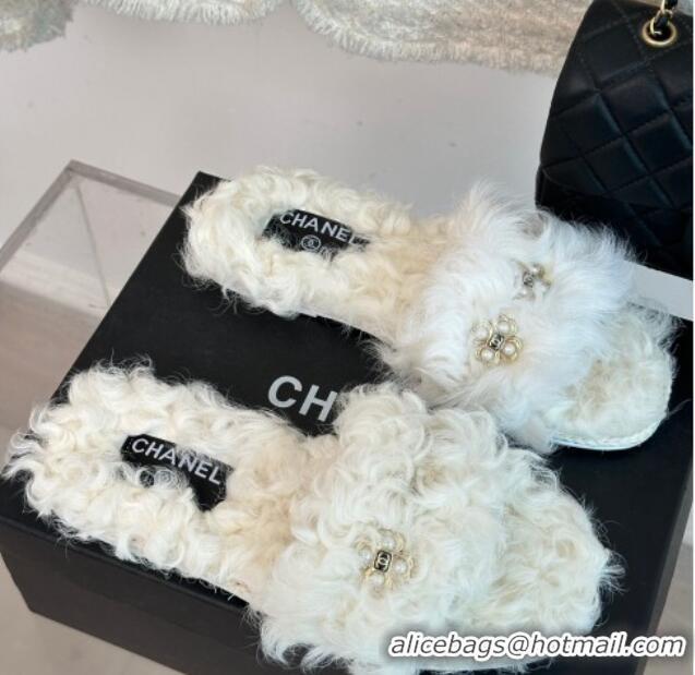 Sumptuous Chanel Wool Flat Slide Sandals with Pearls Bloom White 801060