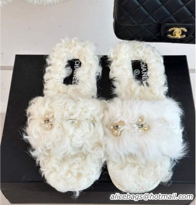 Sumptuous Chanel Wool Flat Slide Sandals with Pearls Bloom White 801060