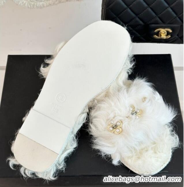 Sumptuous Chanel Wool Flat Slide Sandals with Pearls Bloom White 801060