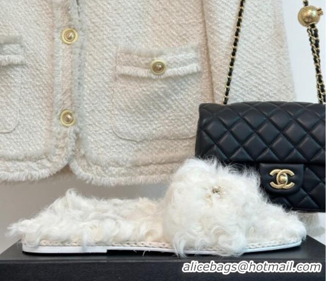 Sumptuous Chanel Wool Flat Slide Sandals with Pearls Bloom White 801060