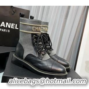 Low Price Chanel Sock Lace-up Ankle Boots in Knit and Calfskin Grey 801065