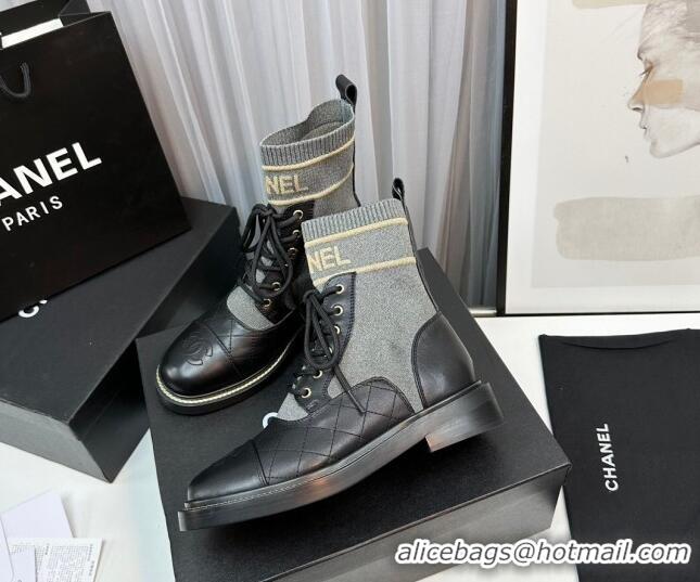 Low Price Chanel Sock Lace-up Ankle Boots in Knit and Calfskin Grey 801065