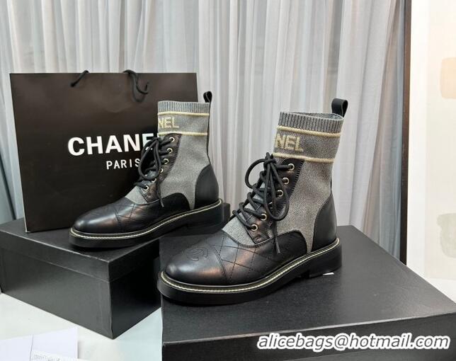 Low Price Chanel Sock Lace-up Ankle Boots in Knit and Calfskin Grey 801065