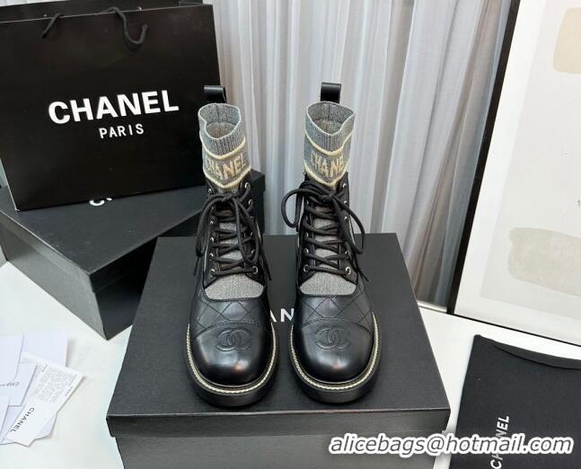 Low Price Chanel Sock Lace-up Ankle Boots in Knit and Calfskin Grey 801065