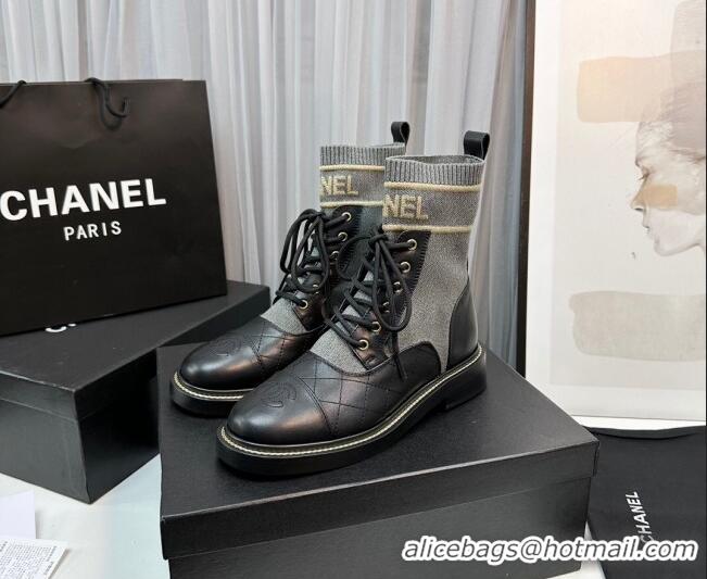 Low Price Chanel Sock Lace-up Ankle Boots in Knit and Calfskin Grey 801065