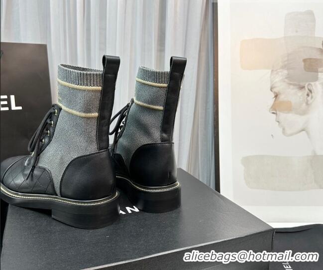 Low Price Chanel Sock Lace-up Ankle Boots in Knit and Calfskin Grey 801065