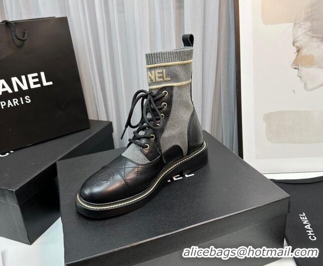 Low Price Chanel Sock Lace-up Ankle Boots in Knit and Calfskin Grey 801065