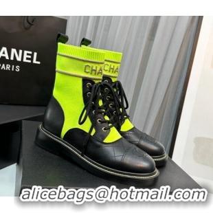 Classic Hot Chanel Sock Lace-up Ankle Boots in Knit and Calfskin Neon Green 801066