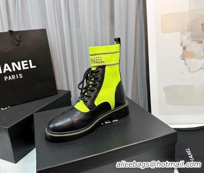 Classic Hot Chanel Sock Lace-up Ankle Boots in Knit and Calfskin Neon Green 801066