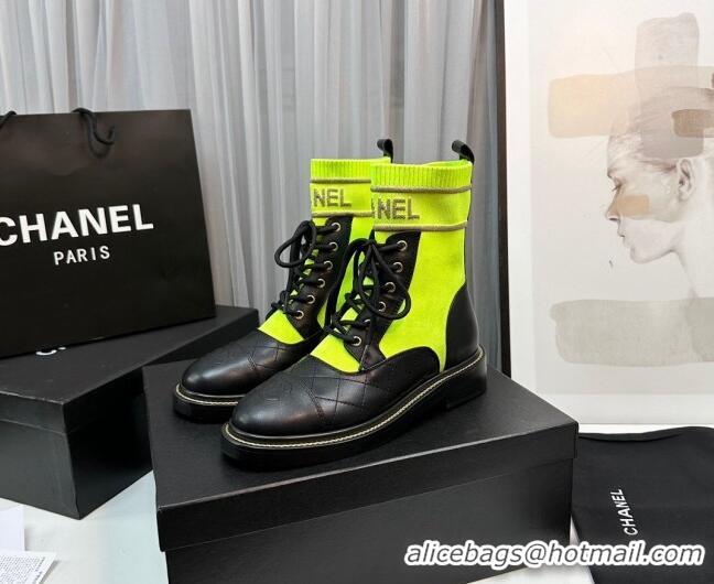 Classic Hot Chanel Sock Lace-up Ankle Boots in Knit and Calfskin Neon Green 801066