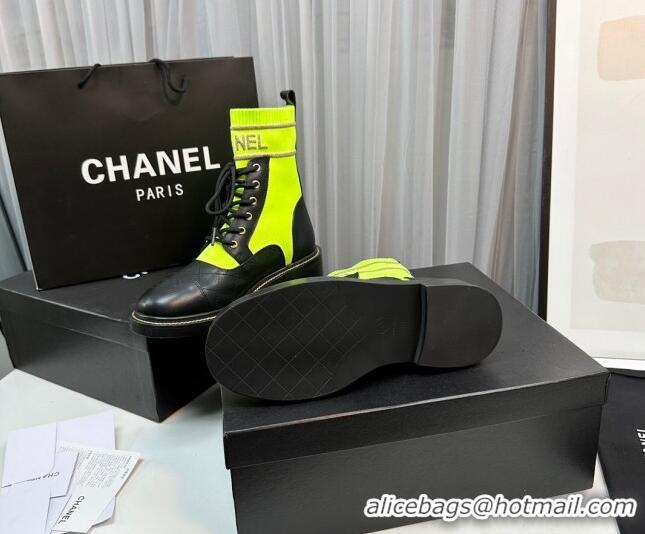 Classic Hot Chanel Sock Lace-up Ankle Boots in Knit and Calfskin Neon Green 801066