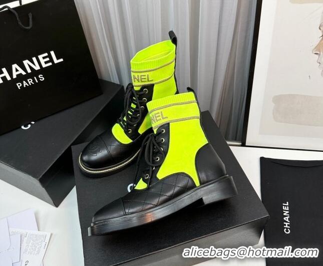 Classic Hot Chanel Sock Lace-up Ankle Boots in Knit and Calfskin Neon Green 801066