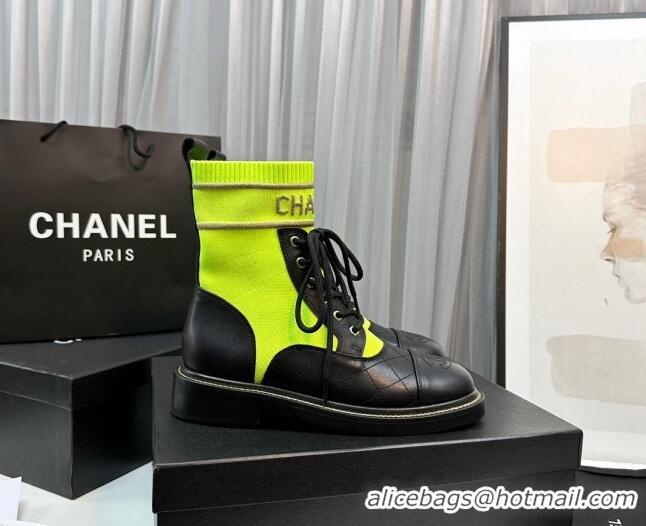 Classic Hot Chanel Sock Lace-up Ankle Boots in Knit and Calfskin Neon Green 801066