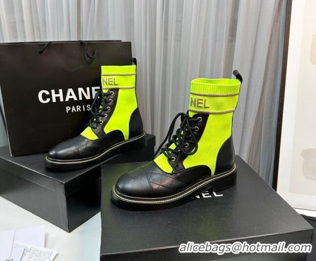 Classic Hot Chanel Sock Lace-up Ankle Boots in Knit and Calfskin Neon Green 801066