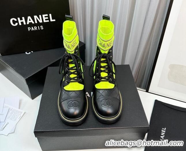 Classic Hot Chanel Sock Lace-up Ankle Boots in Knit and Calfskin Neon Green 801066