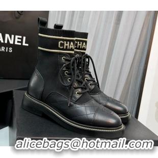 Cheap Price Chanel Sock Lace-up Ankle Boots in Knit and Calfskin Black 801067