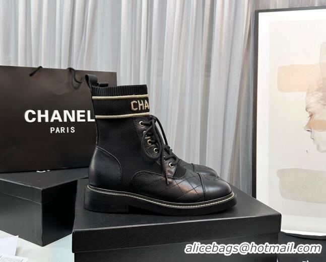 Cheap Price Chanel Sock Lace-up Ankle Boots in Knit and Calfskin Black 801067