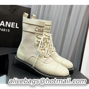 Top Grade Chanel Sock Lace-up Ankle Boots in Knit and Calfskin White 801068