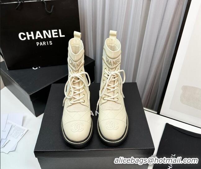 Top Grade Chanel Sock Lace-up Ankle Boots in Knit and Calfskin White 801068