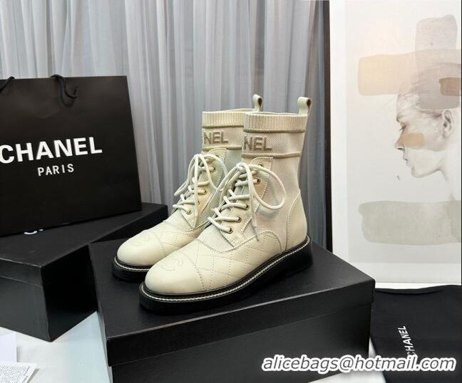 Top Grade Chanel Sock Lace-up Ankle Boots in Knit and Calfskin White 801068