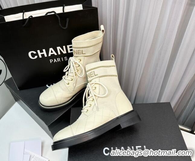 Top Grade Chanel Sock Lace-up Ankle Boots in Knit and Calfskin White 801068