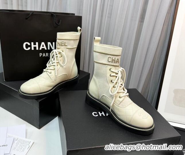 Top Grade Chanel Sock Lace-up Ankle Boots in Knit and Calfskin White 801068