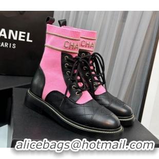 Unique Style Chanel Sock Lace-up Ankle Boots in Knit and Calfskin Dark Pink 801069