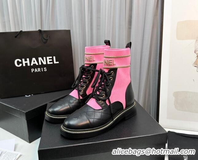 Unique Style Chanel Sock Lace-up Ankle Boots in Knit and Calfskin Dark Pink 801069