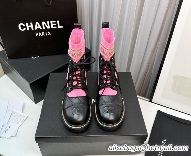 Unique Style Chanel Sock Lace-up Ankle Boots in Knit and Calfskin Dark Pink 801069