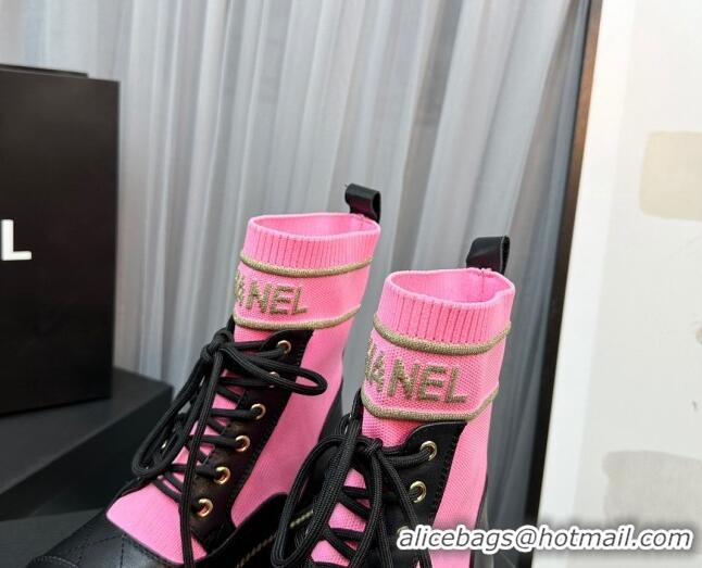 Unique Style Chanel Sock Lace-up Ankle Boots in Knit and Calfskin Dark Pink 801069