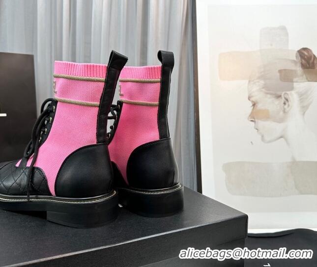 Unique Style Chanel Sock Lace-up Ankle Boots in Knit and Calfskin Dark Pink 801069