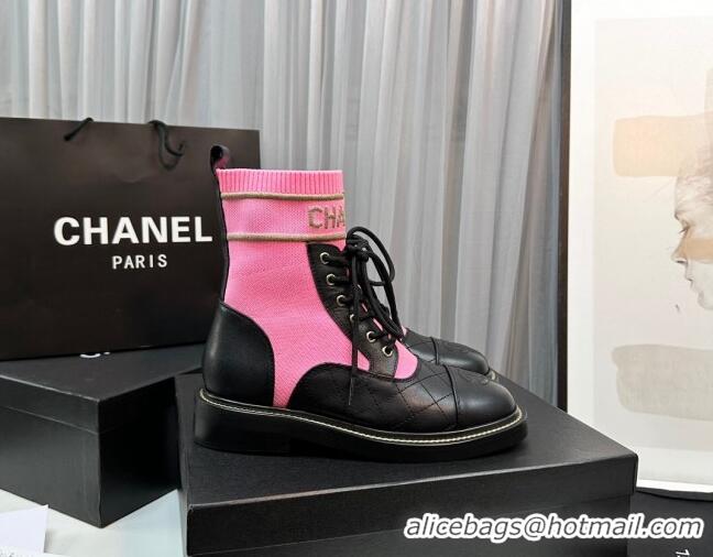 Unique Style Chanel Sock Lace-up Ankle Boots in Knit and Calfskin Dark Pink 801069