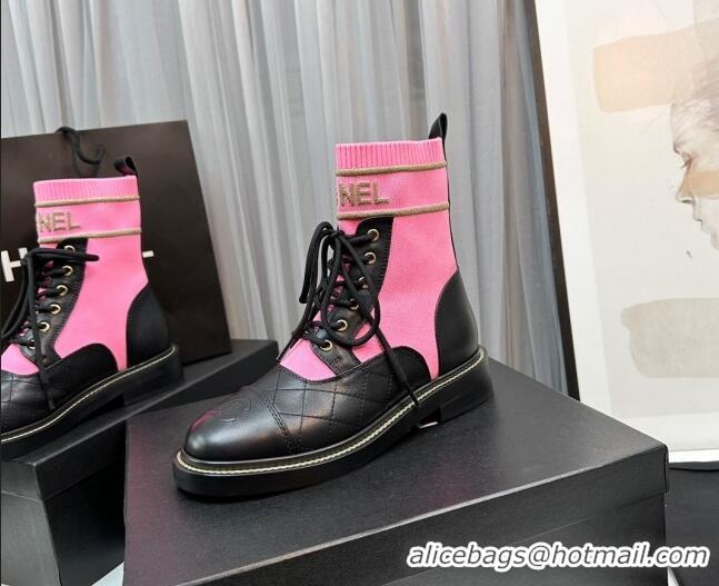 Unique Style Chanel Sock Lace-up Ankle Boots in Knit and Calfskin Dark Pink 801069