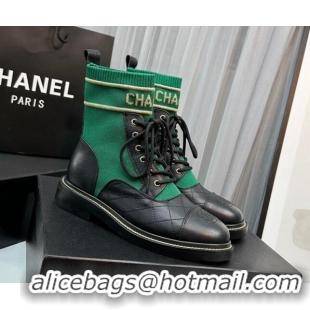 Best Product Chanel Sock Lace-up Ankle Boots in Knit and Calfskin Green 801070