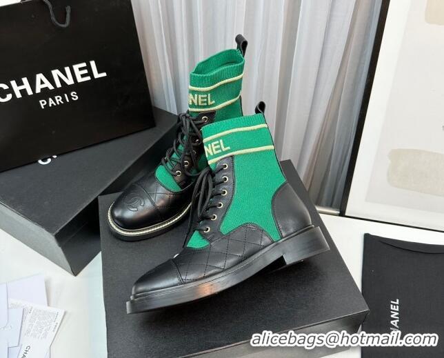 Best Product Chanel Sock Lace-up Ankle Boots in Knit and Calfskin Green 801070