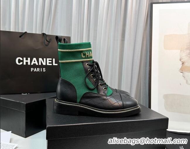 Best Product Chanel Sock Lace-up Ankle Boots in Knit and Calfskin Green 801070